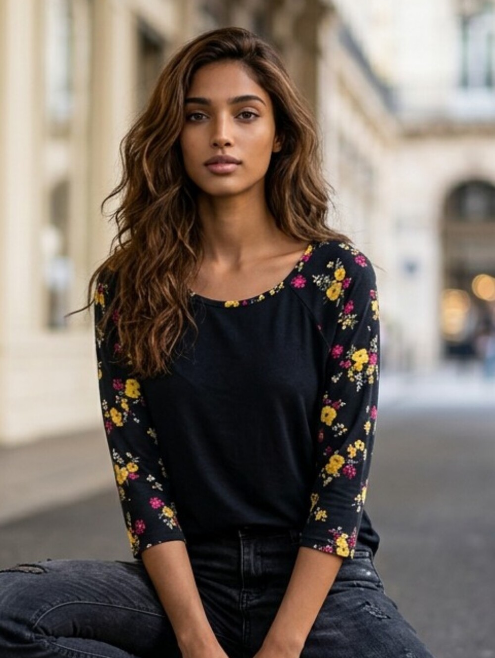 Women's Plus Size 1X Black Floral Raglan Sleeve Cinched Tee Sporty Knit Top